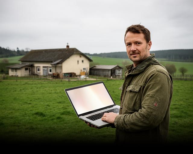 Landwirt mit Laptop auf einer Weide neben einem Hofgebäude in Nordrhein-Westfalen