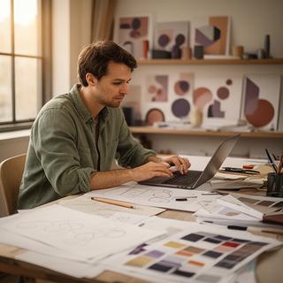 Grafikdesigner an einem Arbeitstisch mit Skizzen und Laptop in einem Atelier im Münsterland
