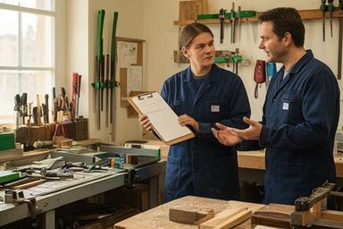 Handwerksmeister bespricht Auftragsplan in einer hellen Werkstatt im Münsterland