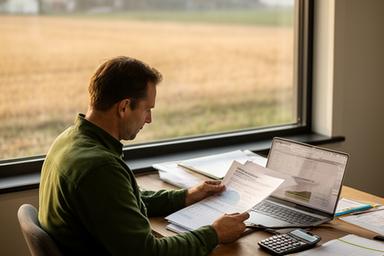 Landwirt arbeitet mit Unterlagen am Schreibtisch eines modernen Hofbüros