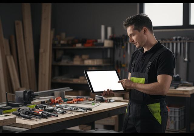 Handwerksmeister mit Tablet in einer aufgeräumten Werkstatt bei der Baustellenplanung