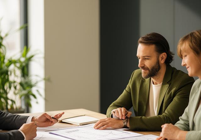Berater und Unternehmer besprechen einen Betriebsplan an einem Tisch in einem hellen Büro in Everswinkel